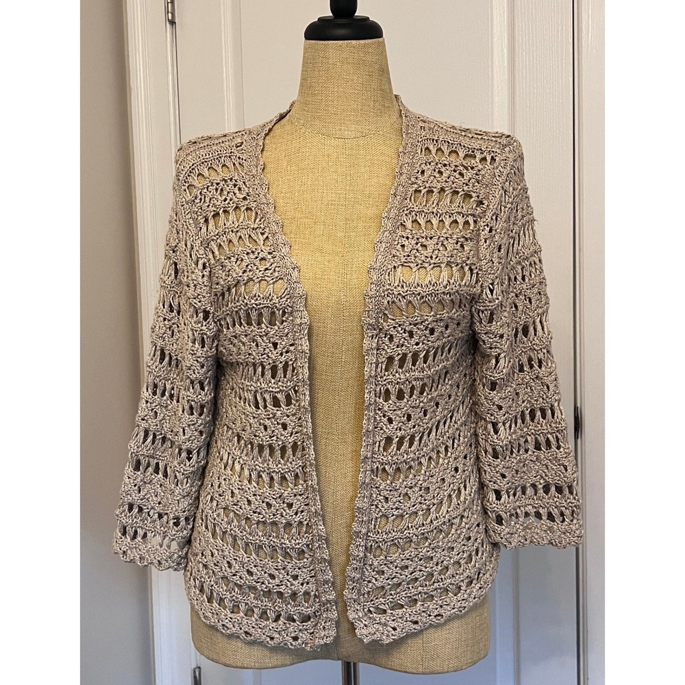 Dana Buchman Signature Open-Knit Crochet Cardigan | Gold Metallic | Size XL